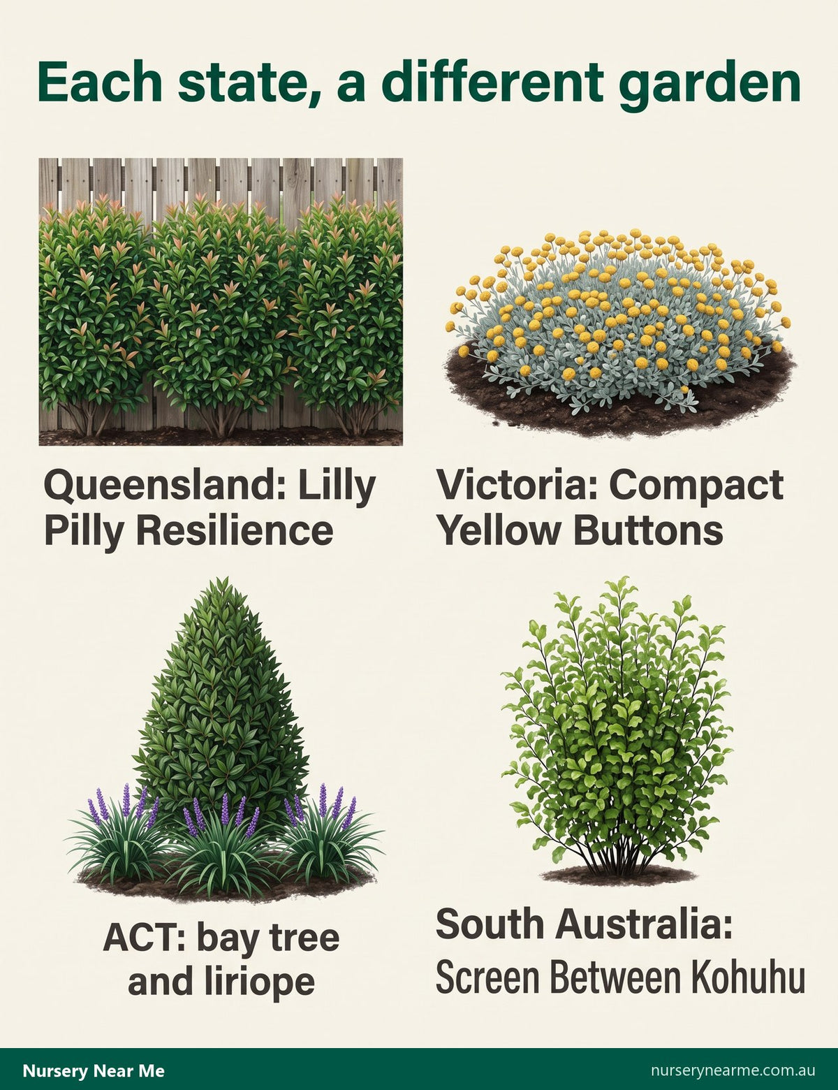 Chart of the plants four states ordered: lilly pilly hedge, yellow buttons, bay tree with liriope and kohuhu