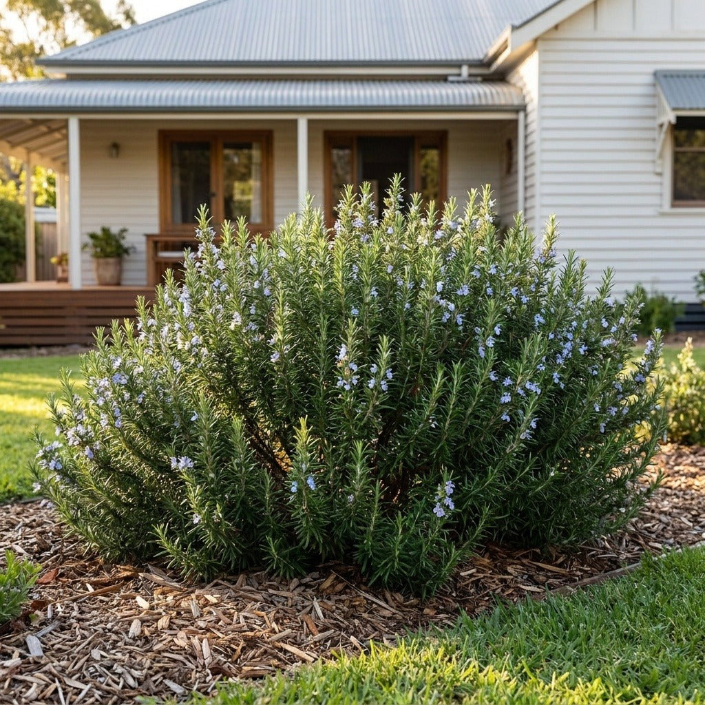Chef's Choice Rosemary (Rosmarinus officinalis 'Chef's Choice') growing in a mulched garden bed in front of an Australian home