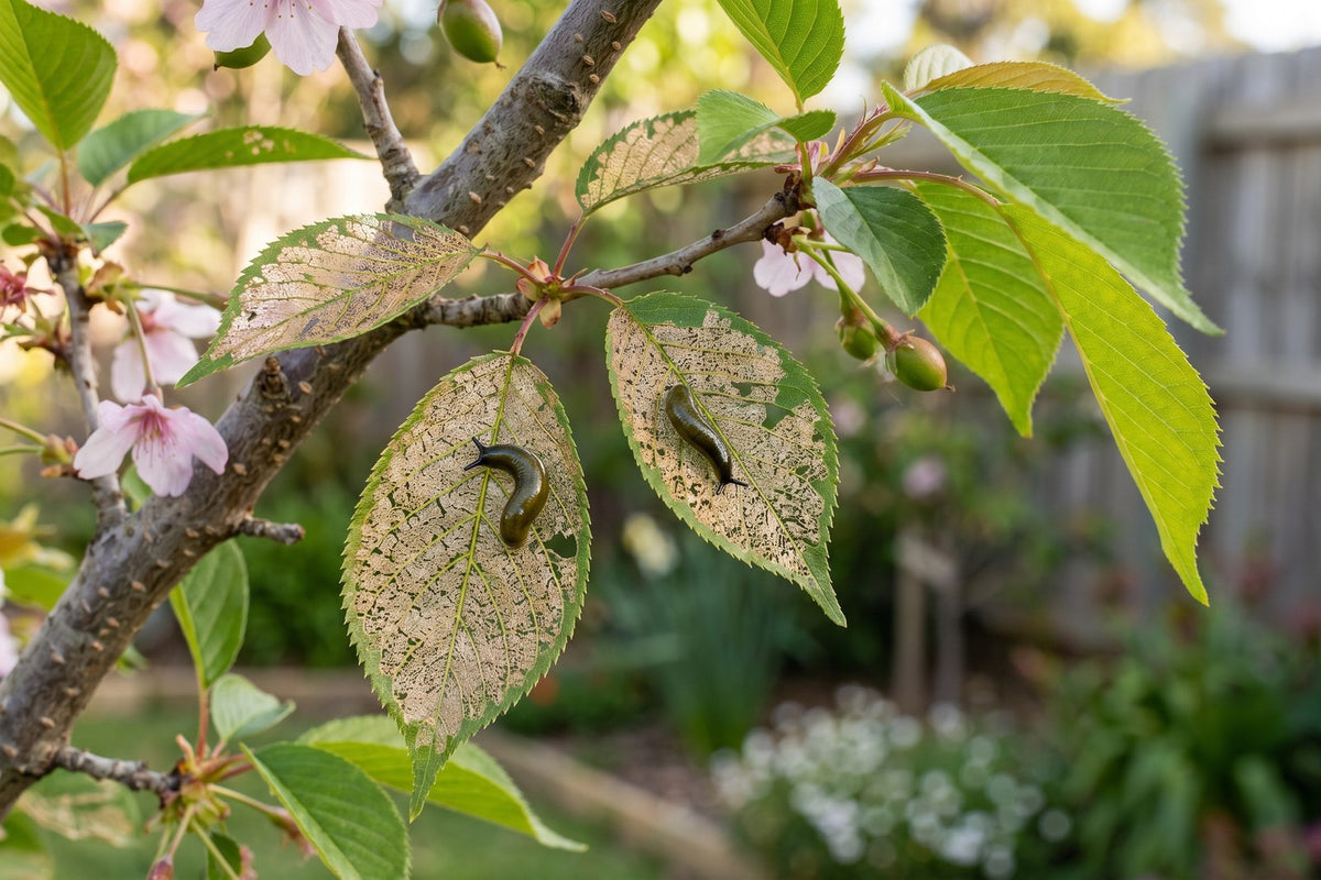 Cherry leaves skeletonised to a lacework of veins by dark slug-like pear and cherry slug larvae