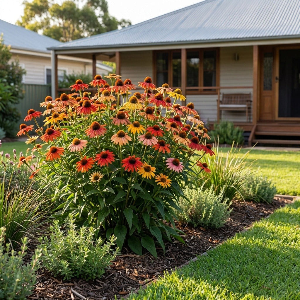 Cheyenne Spirit Coneflower (Echinacea purpurea 'Cheyenne Spirit') growing in a mulched garden bed in front of an Australian home
