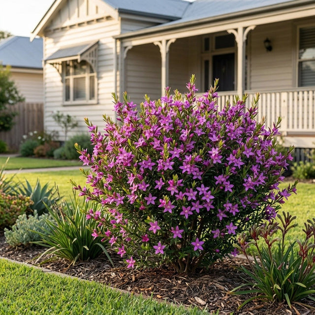 Compact Purple Waxflower (Crowea exalata 'Compact Purple') growing in a mulched garden bed in front of an Australian home
