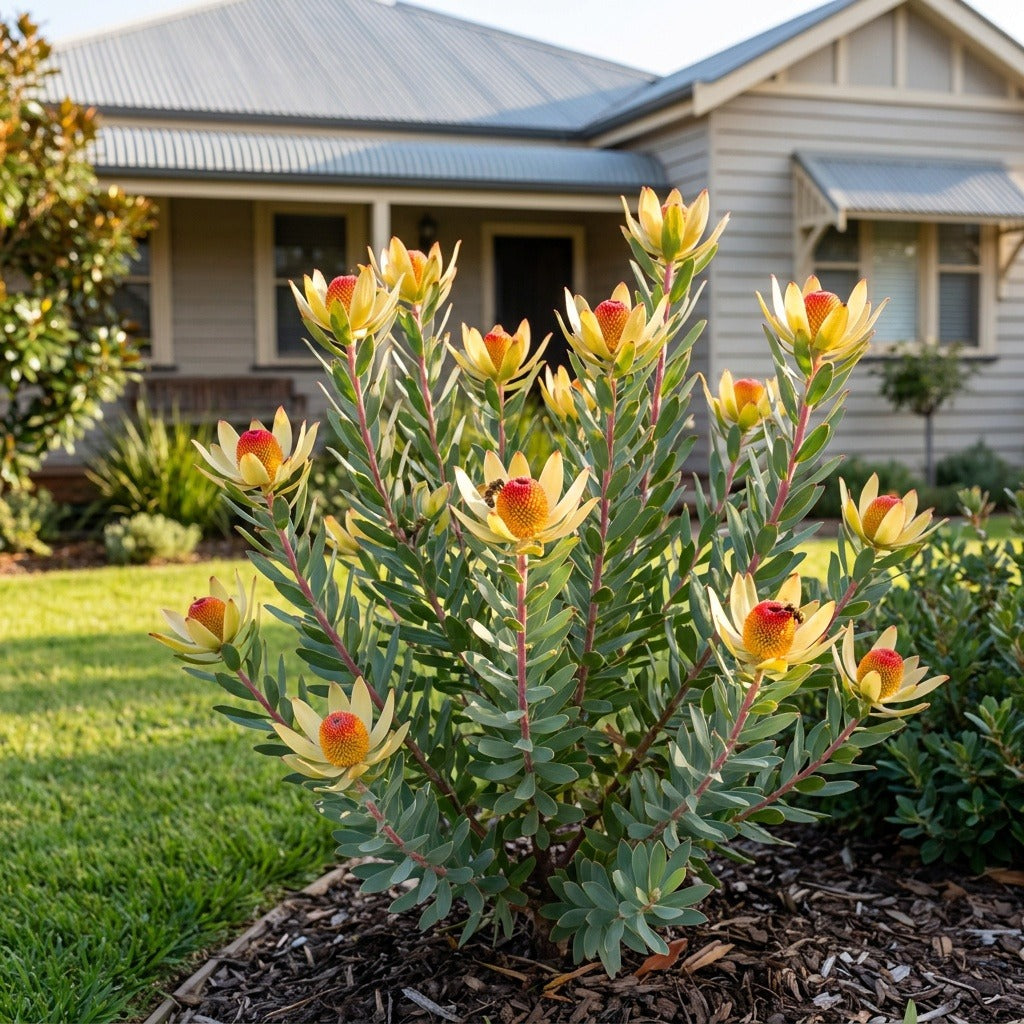 Conebush (Leucadendron discolor) growing in a mulched garden bed in front of an Australian home