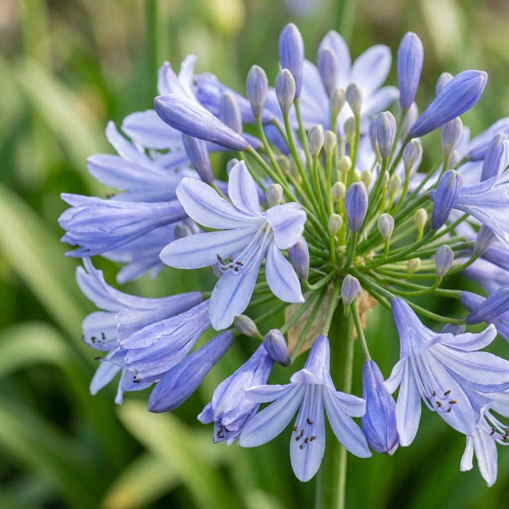 A close-up of Agapanthus ‘Cool Steel’ (Agapanthus africanus hybrid) highlights its striking silvery-blue flowers and green foliage in the background.