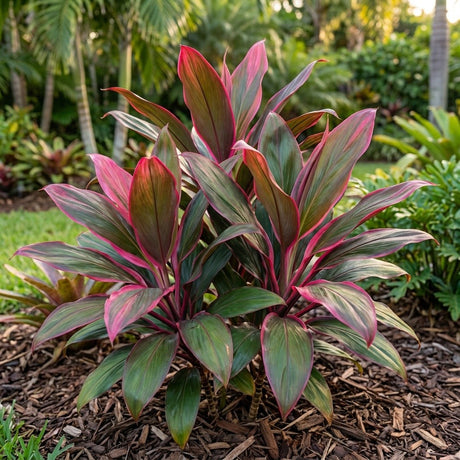Cordyline Hilo Rainbow with broad green leaves flushed pink and red in a tropical garden border