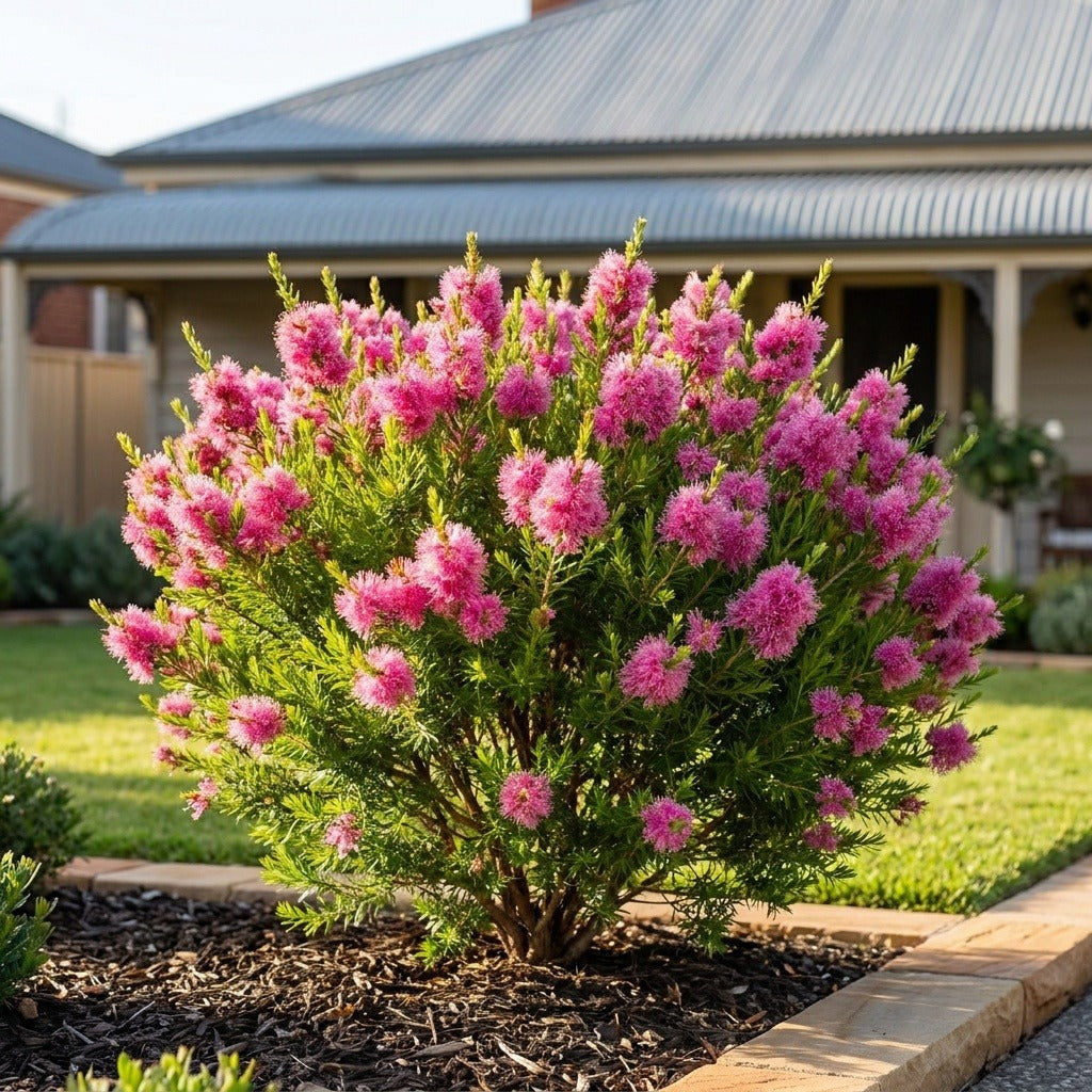 Cotton Candy Honey Myrtle (Melaleuca thymifolia 'Cotton Candy') growing in a mulched garden bed in front of an Australian home