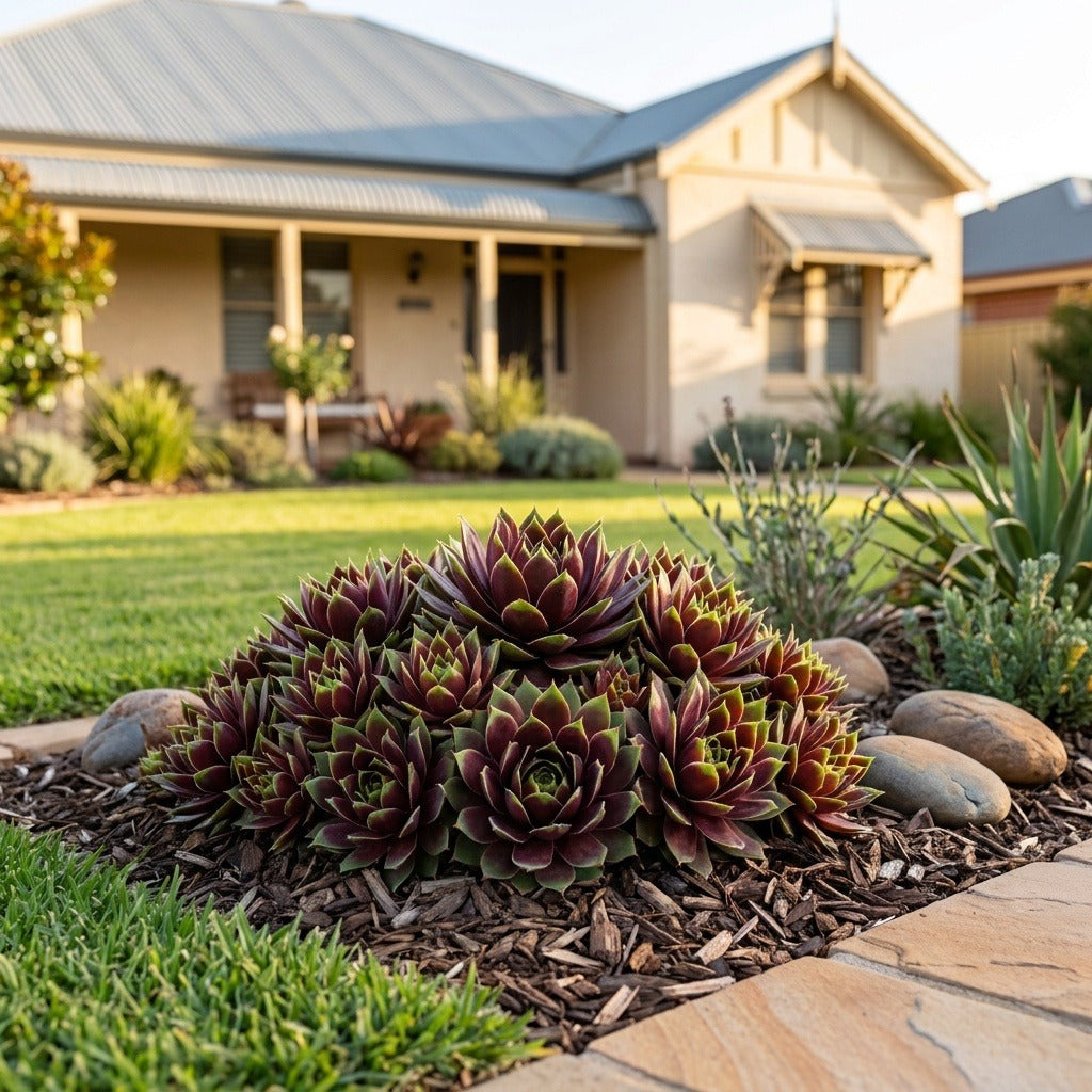 Cranberry Cocktail Succulent (Sempervivum 'Cranberry Cocktail') growing in a mulched garden bed in front of an Australian home