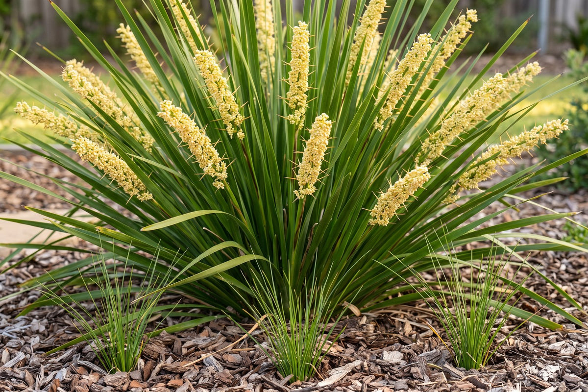 Cream flower spikes among lomandra leaves, with small self-sown seedlings in the mulch below