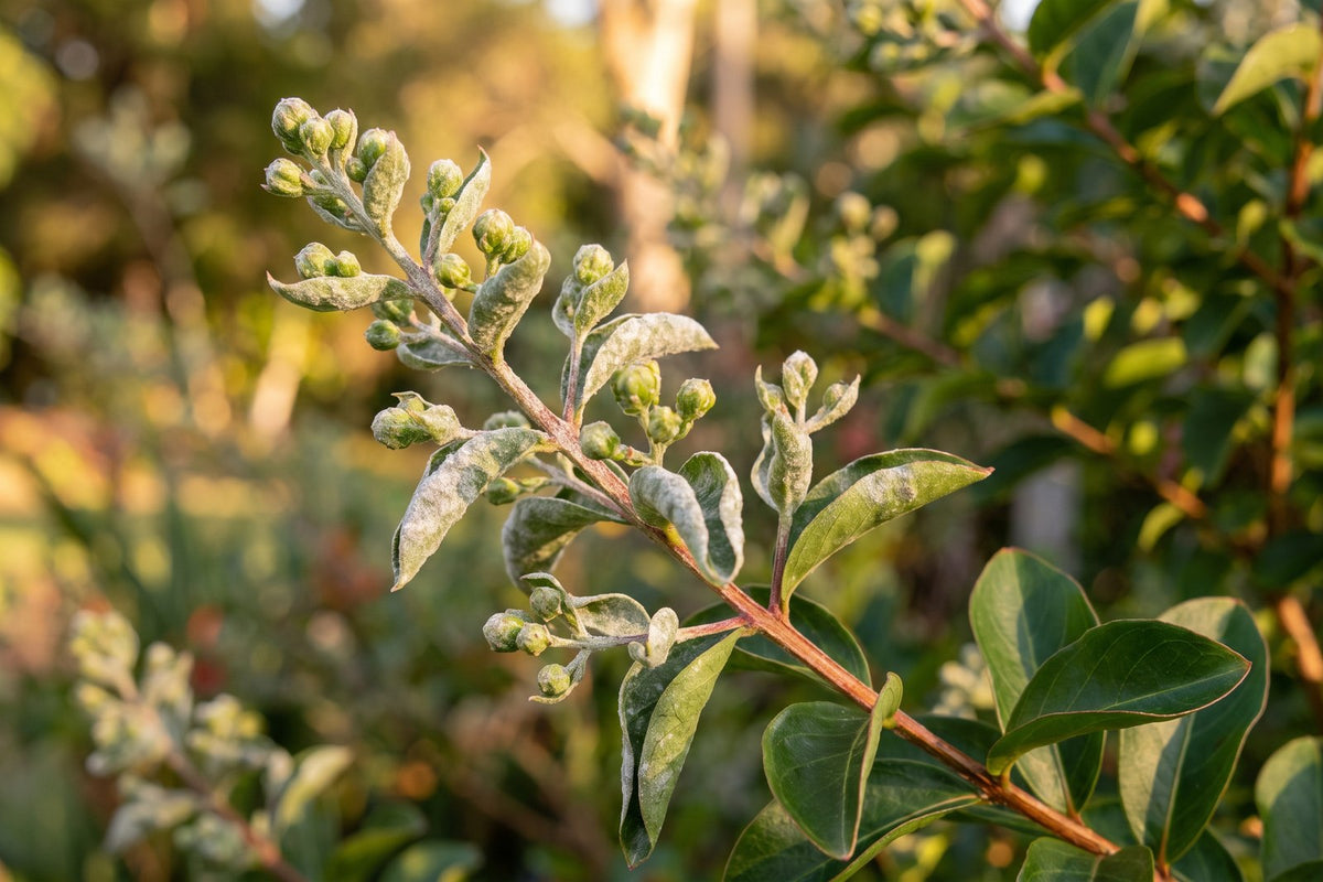 Crepe myrtle shoot tips and flower buds coated in white powdery mildew