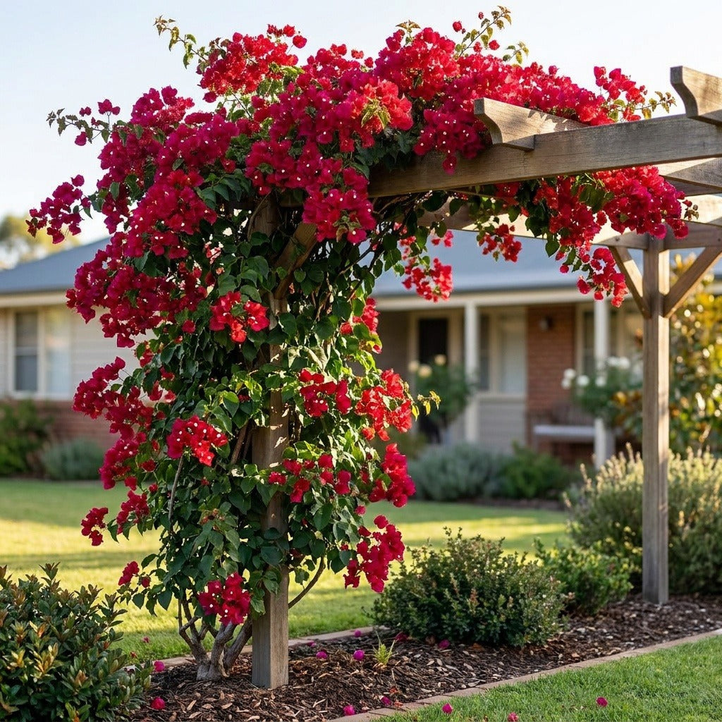 Crimson Jewel Bougainvillea (Bougainvillea glabra 'Crimson Jewel') growing in a mulched garden bed in front of an Australian home