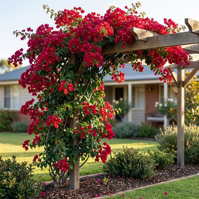 Crimson Jewel Bougainvillea (Bougainvillea glabra 'Crimson Jewel') growing in a mulched garden bed in front of an Australian home