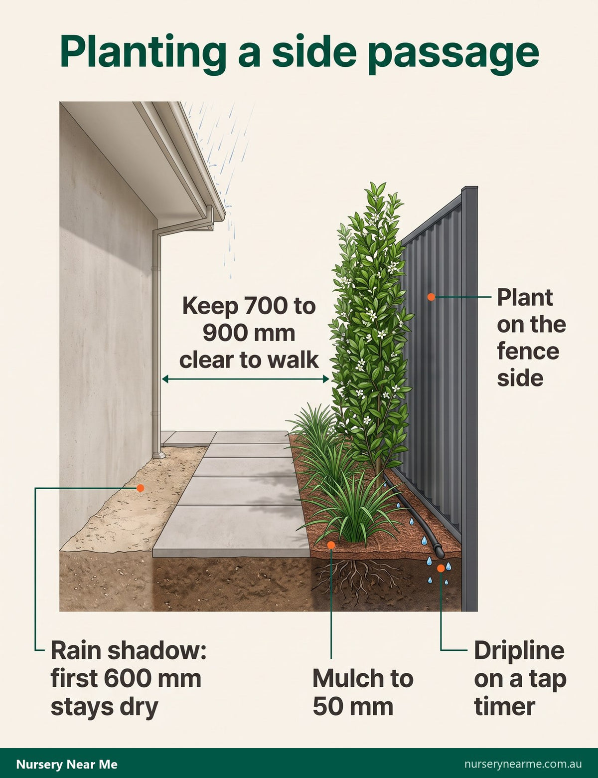 Cross-section of a side passage showing the dry rain shadow by the wall and planting along the fence
