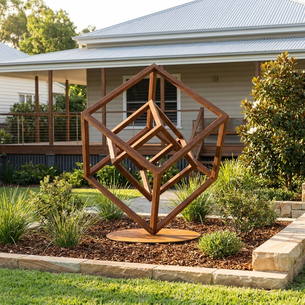 Cube in a Cube 3 Rusted Steel Garden Sculpture