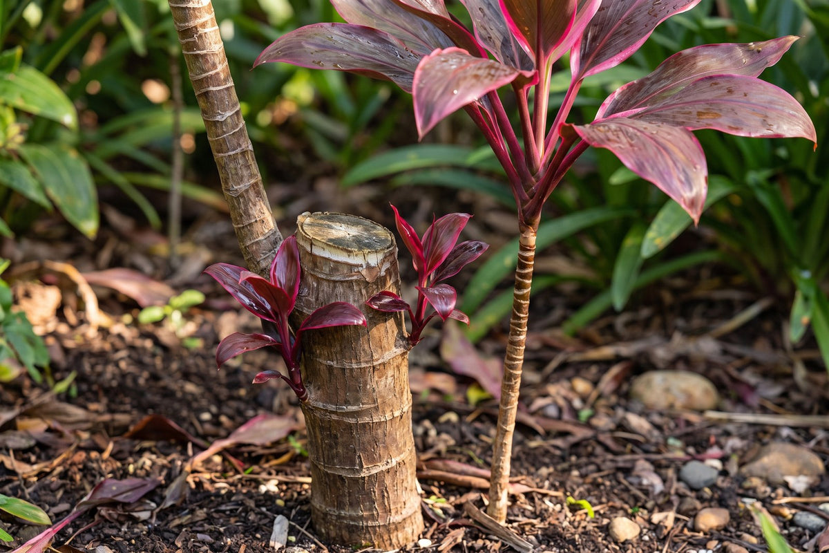 Cut cordyline cane reshooting with three new red heads below the cut