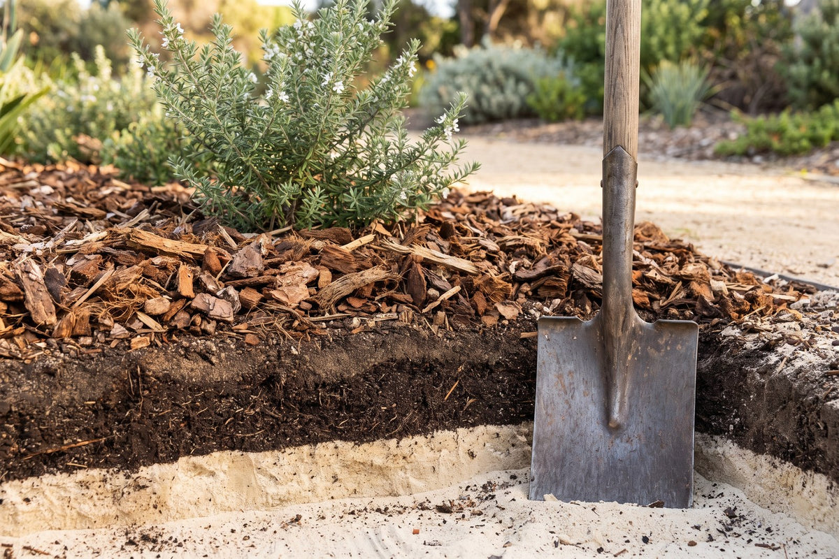 Cut soil profile in a coastal bed: coarse mulch over compost-darkened sand over pale raw sand