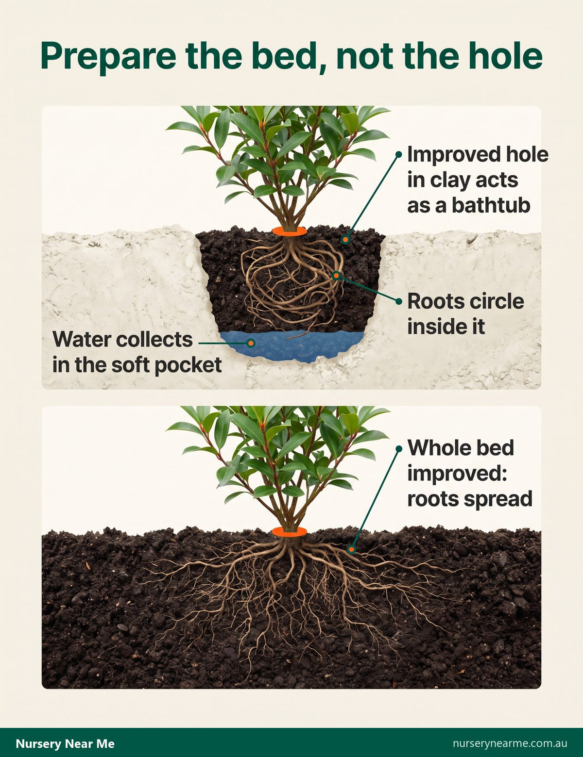 Cutaway diagram of a waterlogged planting hole in clay compared with a fully improved bed