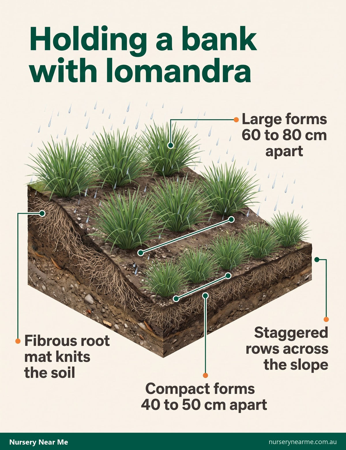 Cutaway diagram of lomandra planted in staggered rows on a bank, with roots knitting the soil together