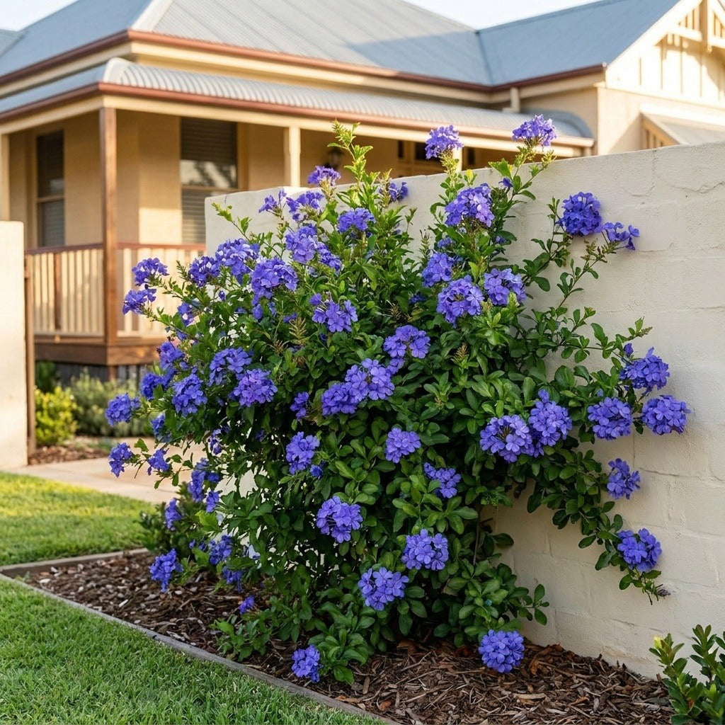 Dark Blue Plumbago (Plumbago auriculata 'Dark Blue') growing in a mulched garden bed in front of an Australian home
