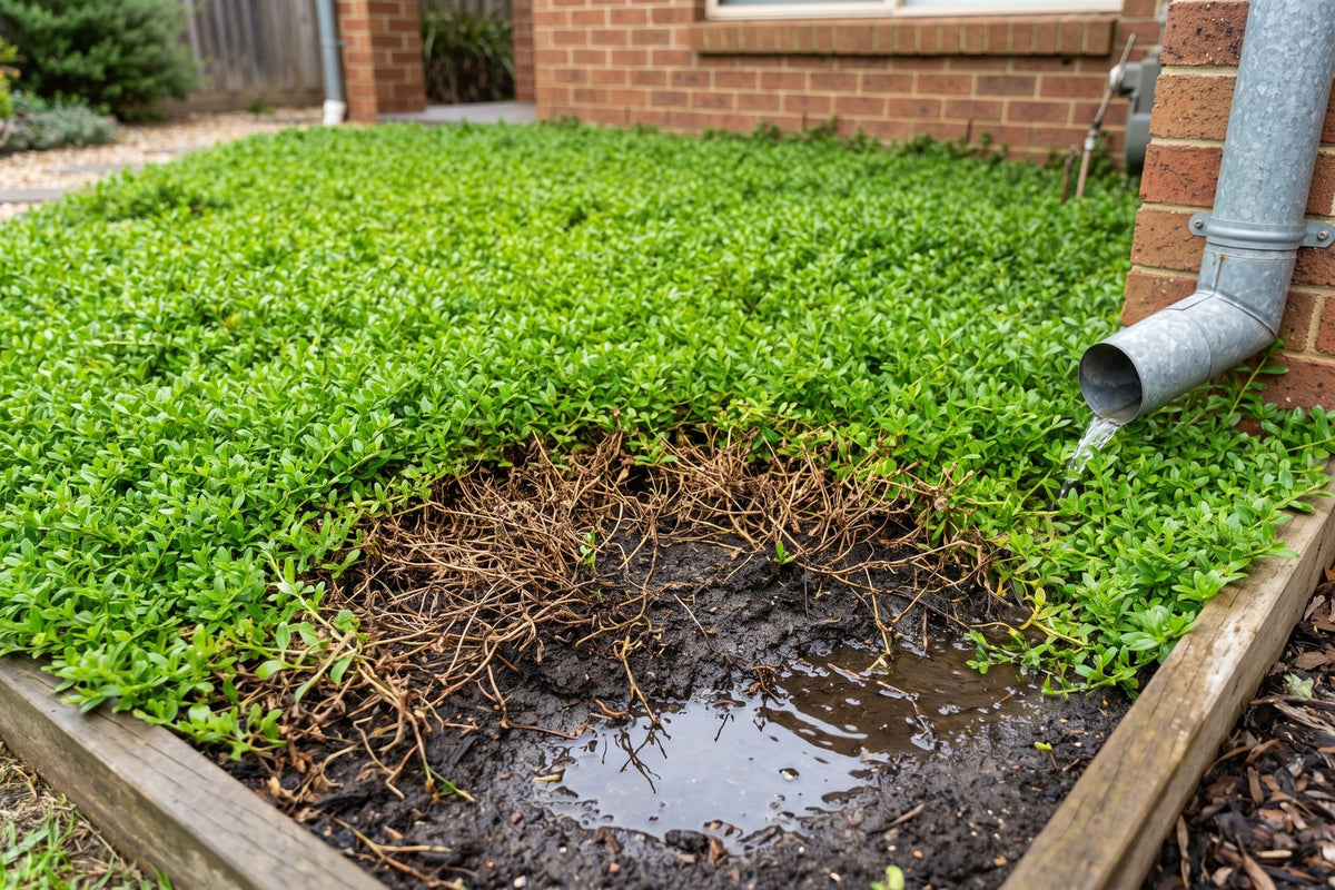 Dead brown patch in a creeping boobialla mat where a downpipe keeps the bed waterlogged