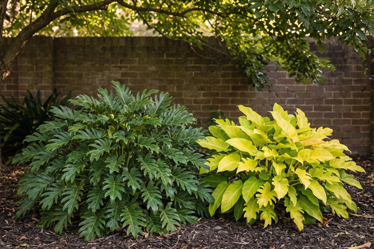 Deep green Philodendron xanadu beside chartreuse Xanadu Gold in a shaded bed