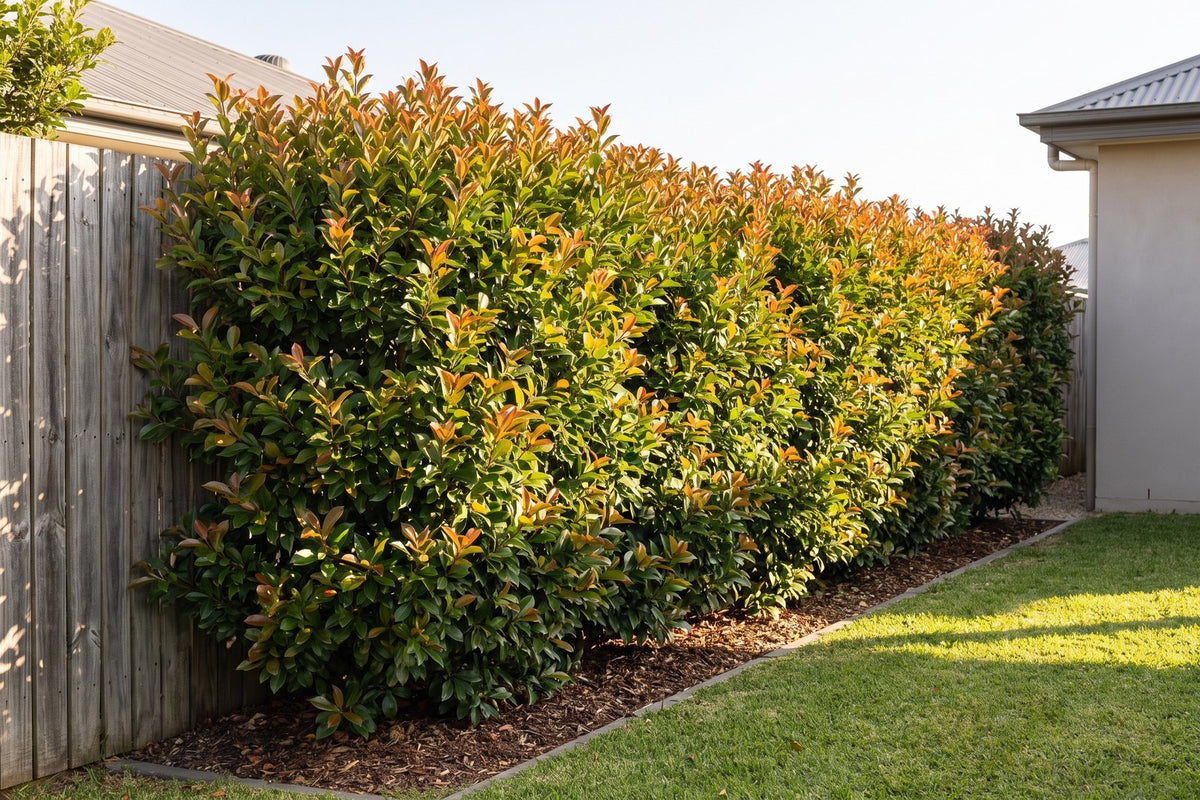 Dense Lilly Pilly Resilience hedge with bronze new growth along a backyard fence