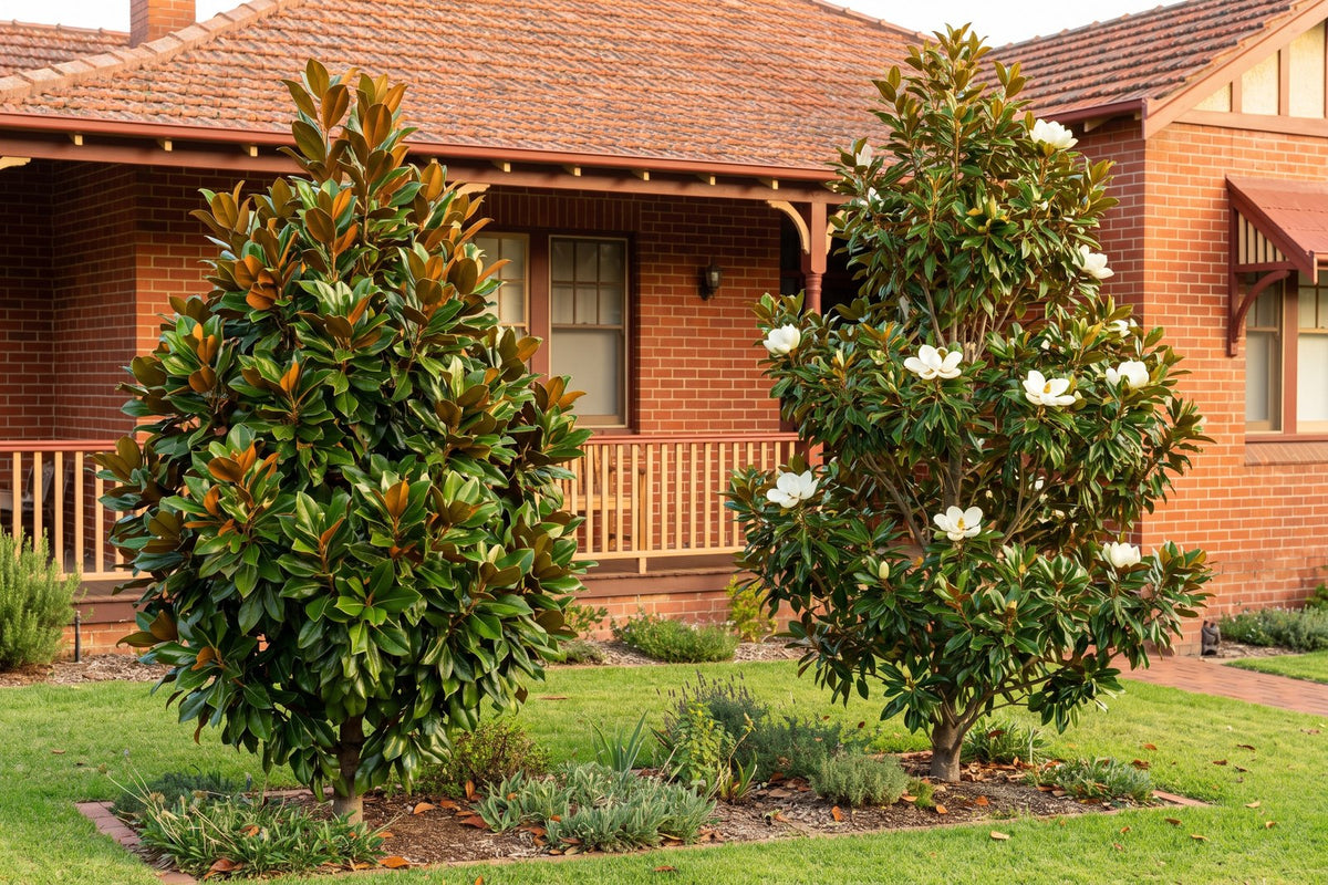 Dense Teddy Bear magnolia beside a taller, looser Little Gem magnolia in flower on a front lawn