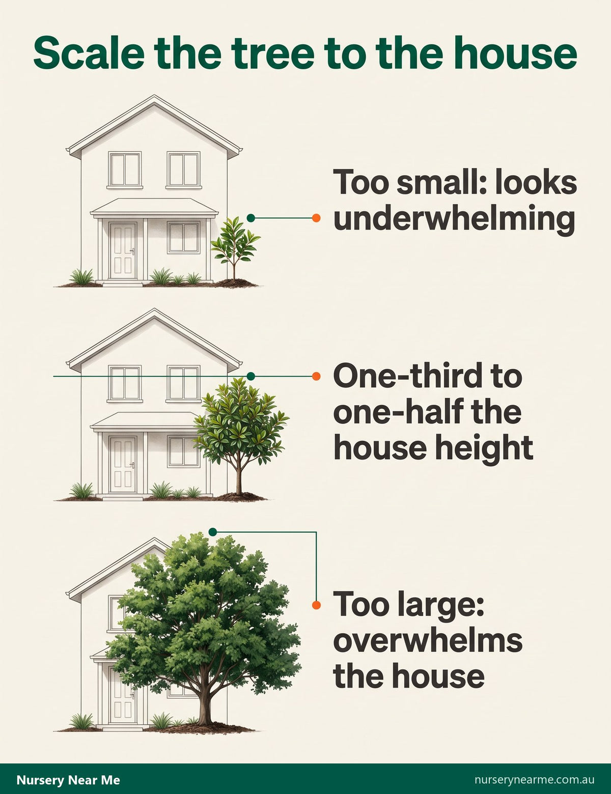 Diagram of feature tree scale against a house: too small, one-third to one-half the height, and too large
