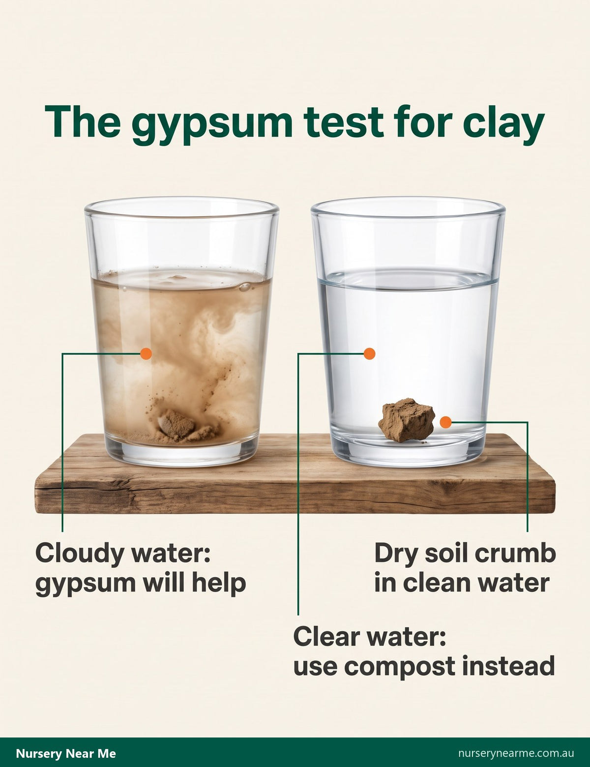 Diagram of the gypsum test: a soil crumb clouding one glass of water and not the other