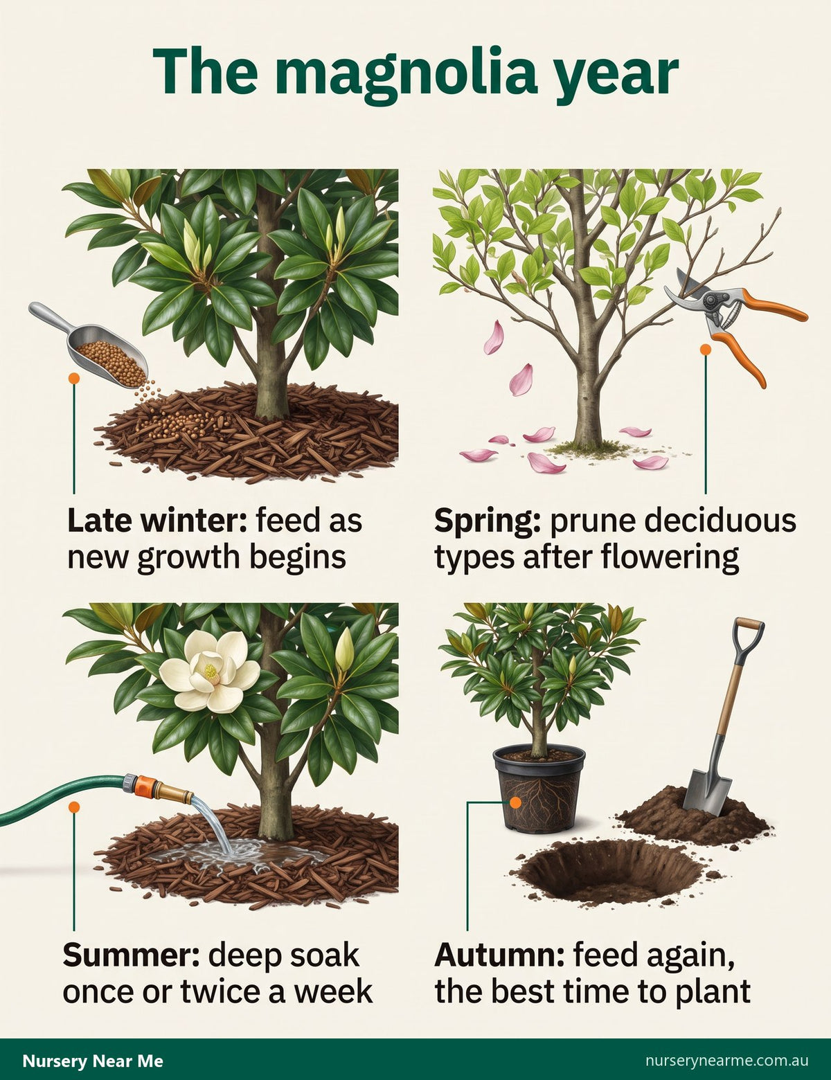 Diagram of the magnolia year: feed in late winter, prune deciduous types in spring, soak in summer, feed and plant in autumn