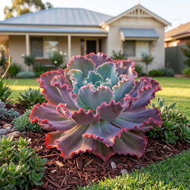 Dick's Pink Succulent (Echeveria 'Dick's Pink') growing in a mulched garden bed in front of an Australian home