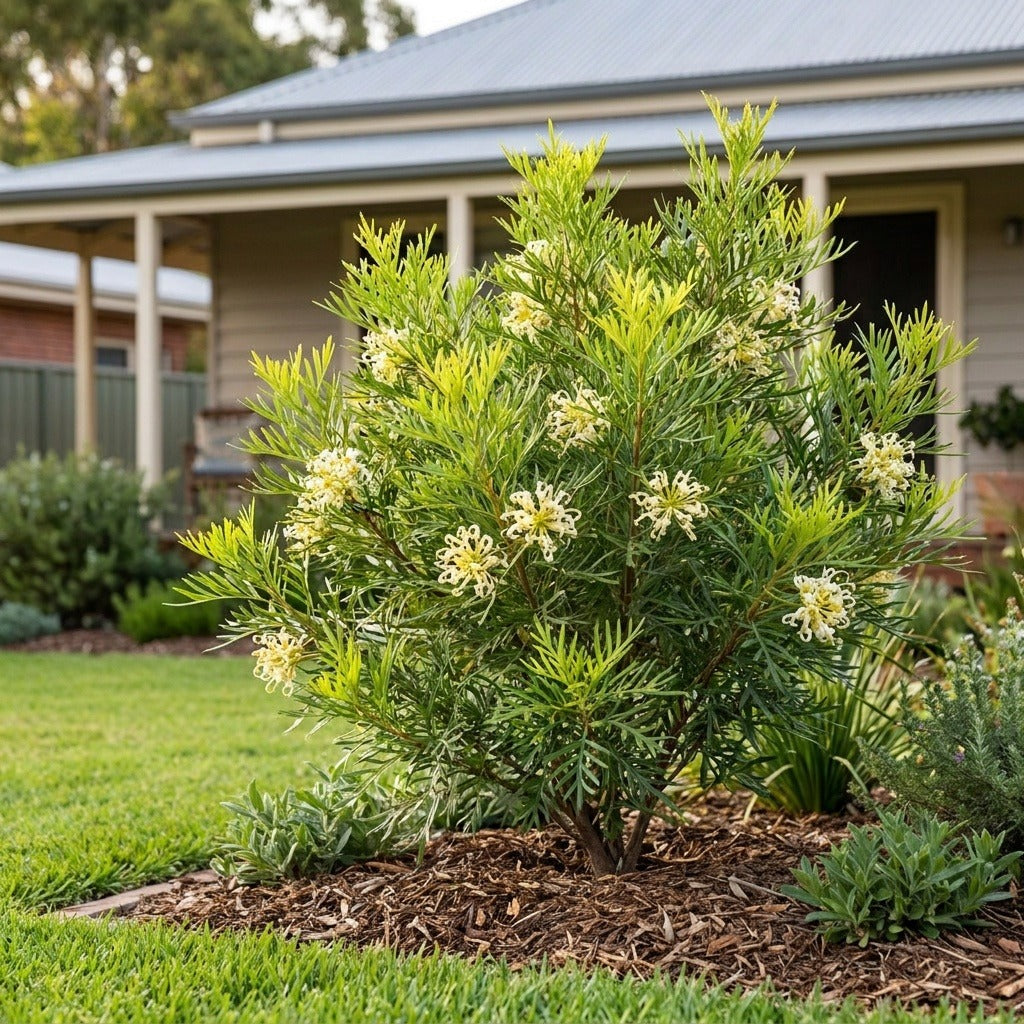 Doreen Stenocarpus (Stenocarpus angustifolius 'Doreen') growing in a mulched garden bed in front of an Australian home