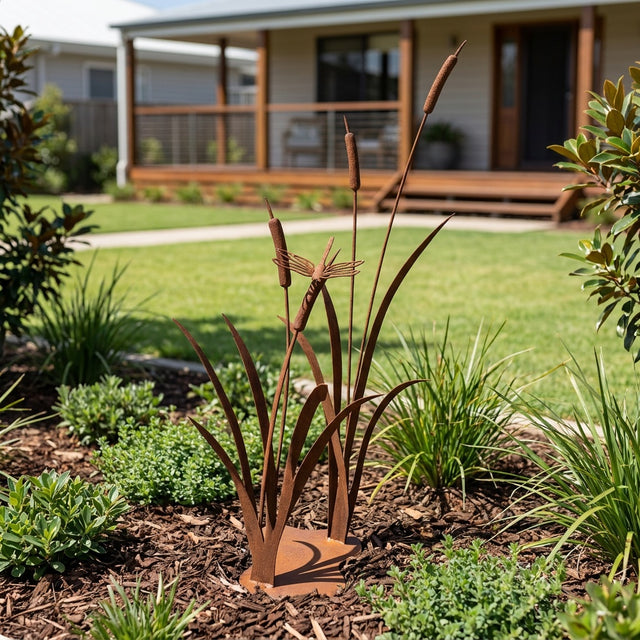 Double Bullrush with Dragonfly Rusted Steel Garden Stand