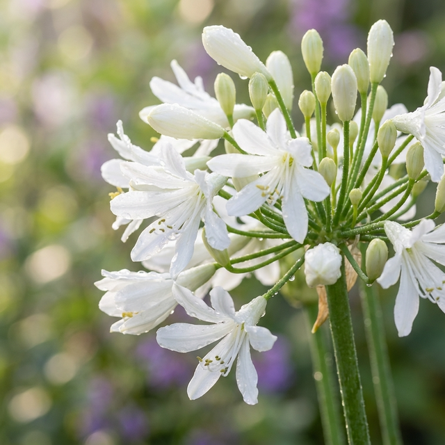 Agapanthus ‘Double Diamond’ (Agapanthus africanus hybrid) features double white blooms and buds with dewdrops, set against a soft green and purple background—a compact, low-maintenance plant ideal for elegant displays.