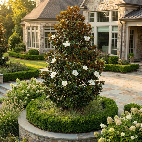A Little Gem Magnolia (Magnolia grandiflora 'Little Gem') with white flowers adds beauty to the landscaped garden in front of the stone house.
