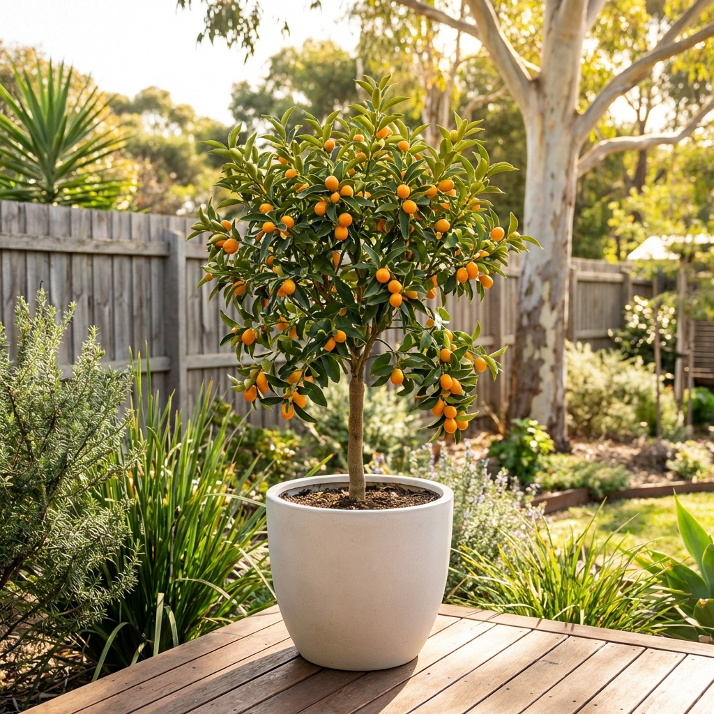 A Kumquat Tree - Fortunella japonica with bright orange fruit sits on a wooden table in a sunny backyard, ideal for edible landscaping.