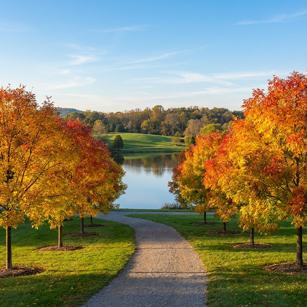 A gravel path lined with Fraxinus pennsylvanica Cimmaron™ (Fraxinus pennsylvanica ‘Cimmzam’) trees in vivid autumn colors leads to a peaceful lake, framed by green hills and a clear blue sky.