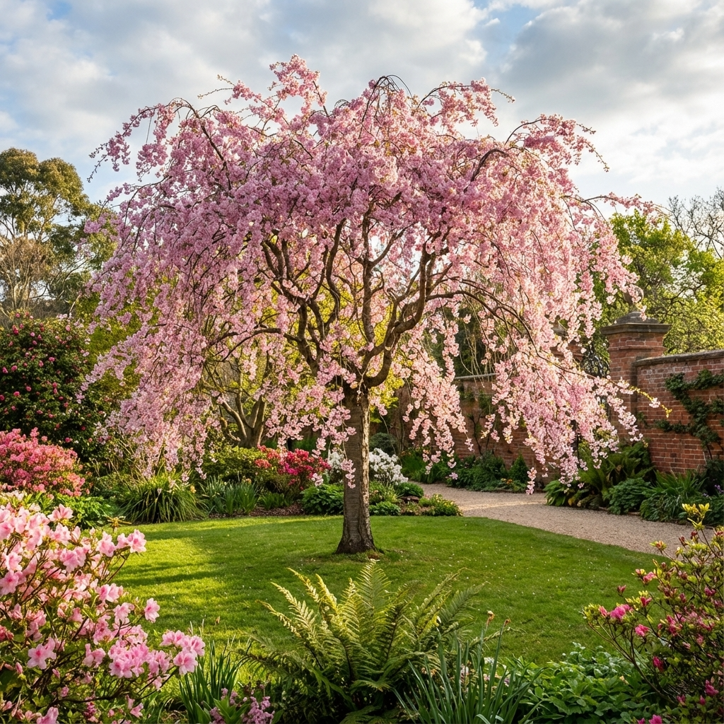 A Weeping Cherry - Prunus subhirtella ‘Pendula Rubra’ adds pink blossoms to a vibrant garden, bringing spring color and elegance on a sunny day.