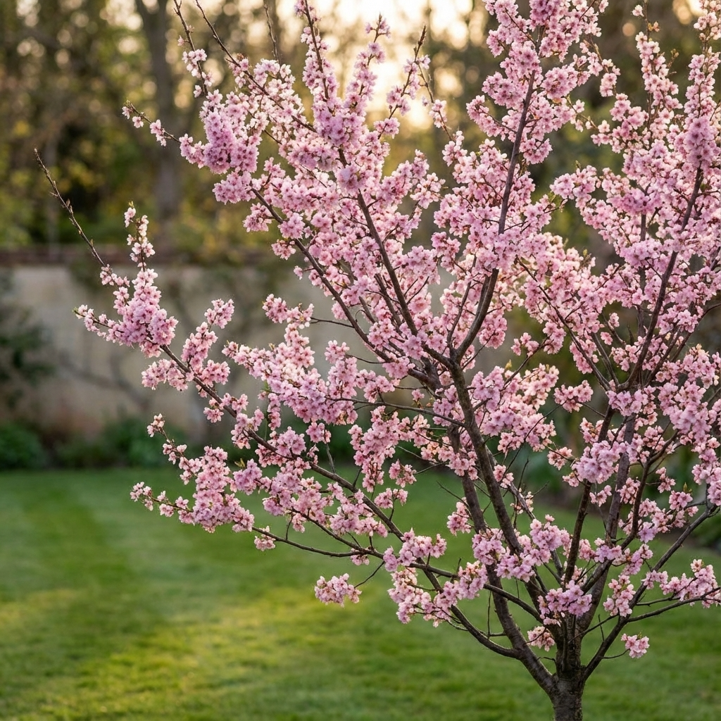 A Flowering Plum (Prunus ‘Elvins’) with pink spring blossoms stands in a grassy yard, its blooms contrasting against a blurred fence in the background.