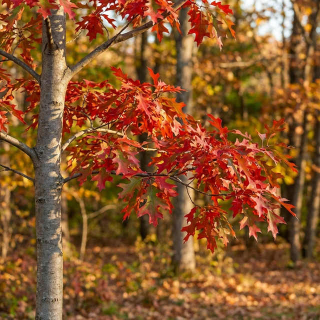 The Scarlet Oak – Quercus coccinea displays brilliant red autumn foliage, making it a stunning shade tree and illuminating the landscape with its vibrant leaves.