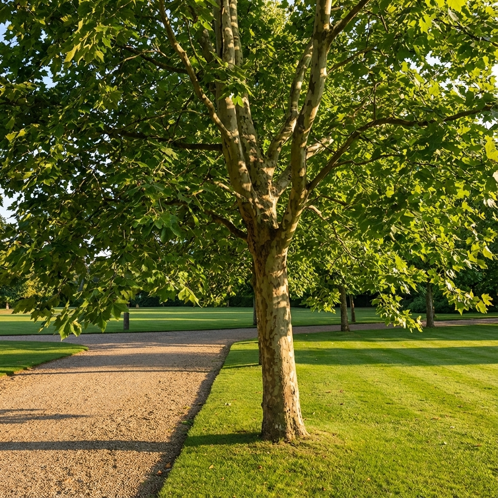 A London Plane Tree (Platanus × acerifolia) with green leaves offers shade by a gravel path on a sunny day, enhancing the grassy urban park landscape.