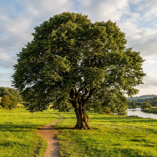 An English Elm (Ulmus procera) stands by a dirt path in a green field, beneath a partly cloudy sky.