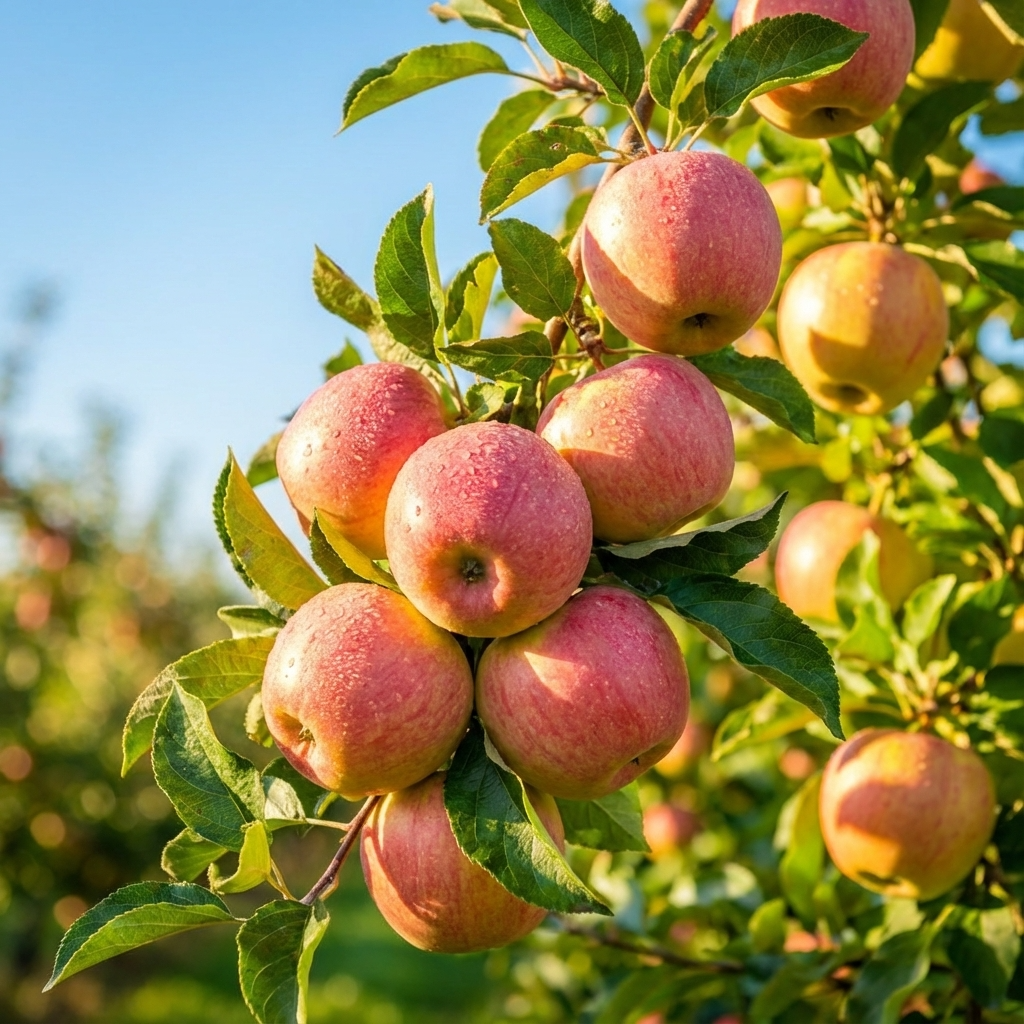 A cluster of sweet, crisp Red Delicious Apple - Malus domestica 'Red Delicious' hangs from a home orchard tree branch with green leaves on a sunny day.