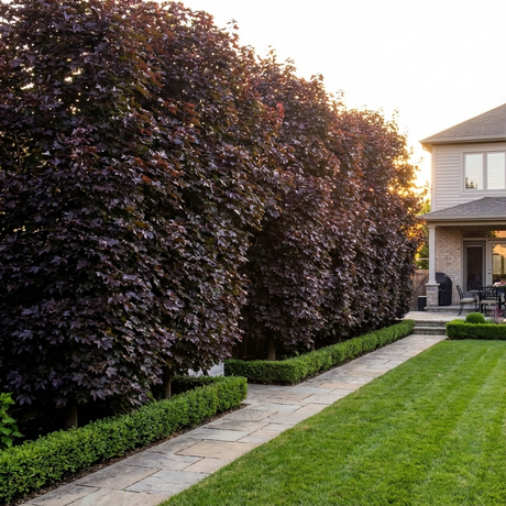 A stone pathway runs beside neatly trimmed hedges and Norway Maple ‘Crimson Sentry’ trees with burgundy foliage, creating a striking scene in a well-kept backyard garden at sunset.