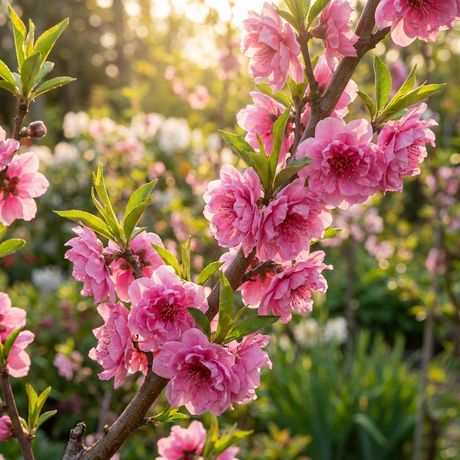 A sunlit garden branch with vibrant pink flowers and green leaves hints at home orchards where Prunus persica 'Double Jewel'—the Double Jewel Peach—promises sweet, juicy peaches amid softly blurred plants in the background.