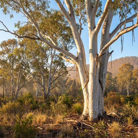 A sunlit, dry Australian bushland features a resilient White Gum - Eucalyptus rossii, known for its striking white bark and drought tolerance as a hardy native tree.