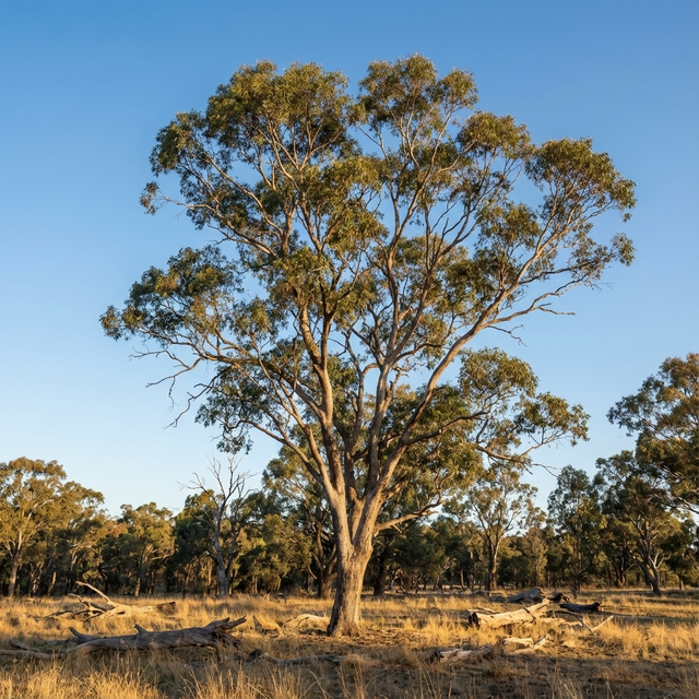 Grey Box - Eucalyptus microcarpa, an Australian native tree, stands tall in a dry grassy field with scattered branches and trees under a clear blue sky.