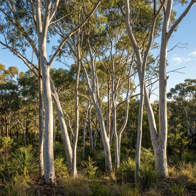 Brittle Gum - Eucalyptus mannifera stands tall and slender with pale trunks in a sunlit forest, surrounded by vibrant green undergrowth.