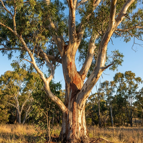 Blakely’s Red Gum (Eucalyptus blakelyi), a tall tree with peeling bark, stands in a grassy field beneath a clear blue sky.