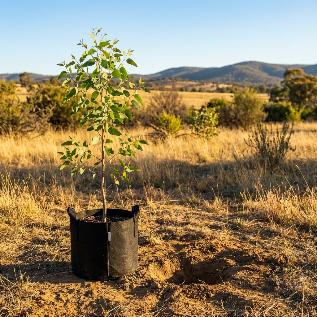 Apple Box - Eucalyptus bridgesiana sapling in a black pot sits beside a planting hole in a dry field with hills behind—this iconic Australian native tree is ready for planting.
