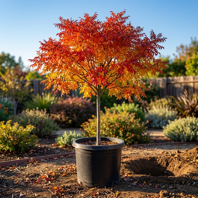 A compact Chinese Pistachio (Pistacia chinensis) in a black pot displays vivid red-orange autumn foliage, brightening the garden under the sun.