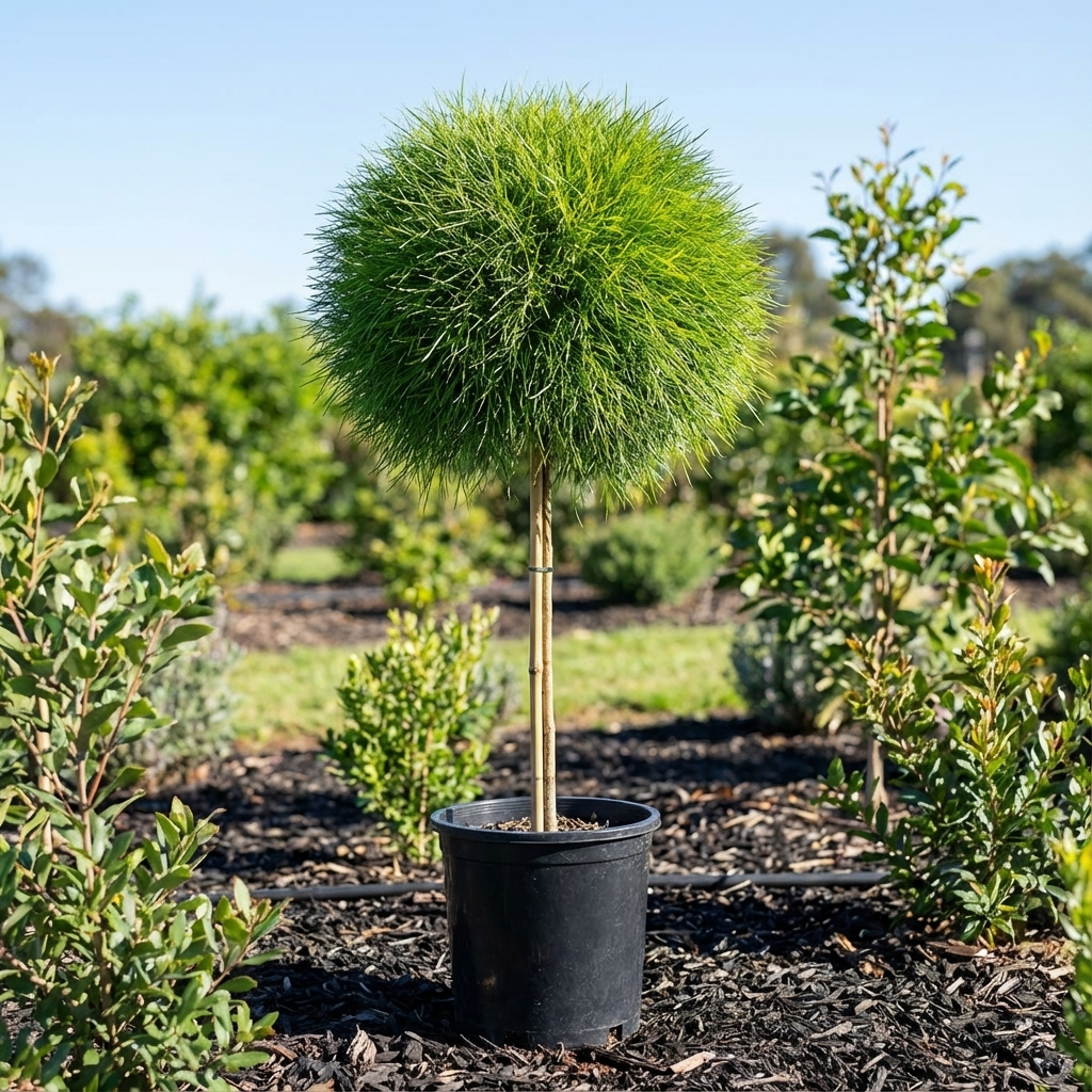 The Acacia cognata ‘Limelight’ (PBR) Standard (Bower of Beauty Wattle), an Australian native, creates a dense, rounded topiary of green foliage as a striking feature in landscaped gardens.